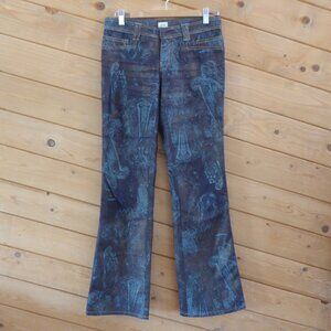 Cache Blue Metallic Victorian Floral Wide Boot Leg Jeans Pants Long Tall Size 4